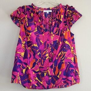 Rose + Olive Pink & Purple Blouse Top W/ Moneys And Leaf Pattern Ruffle - Large